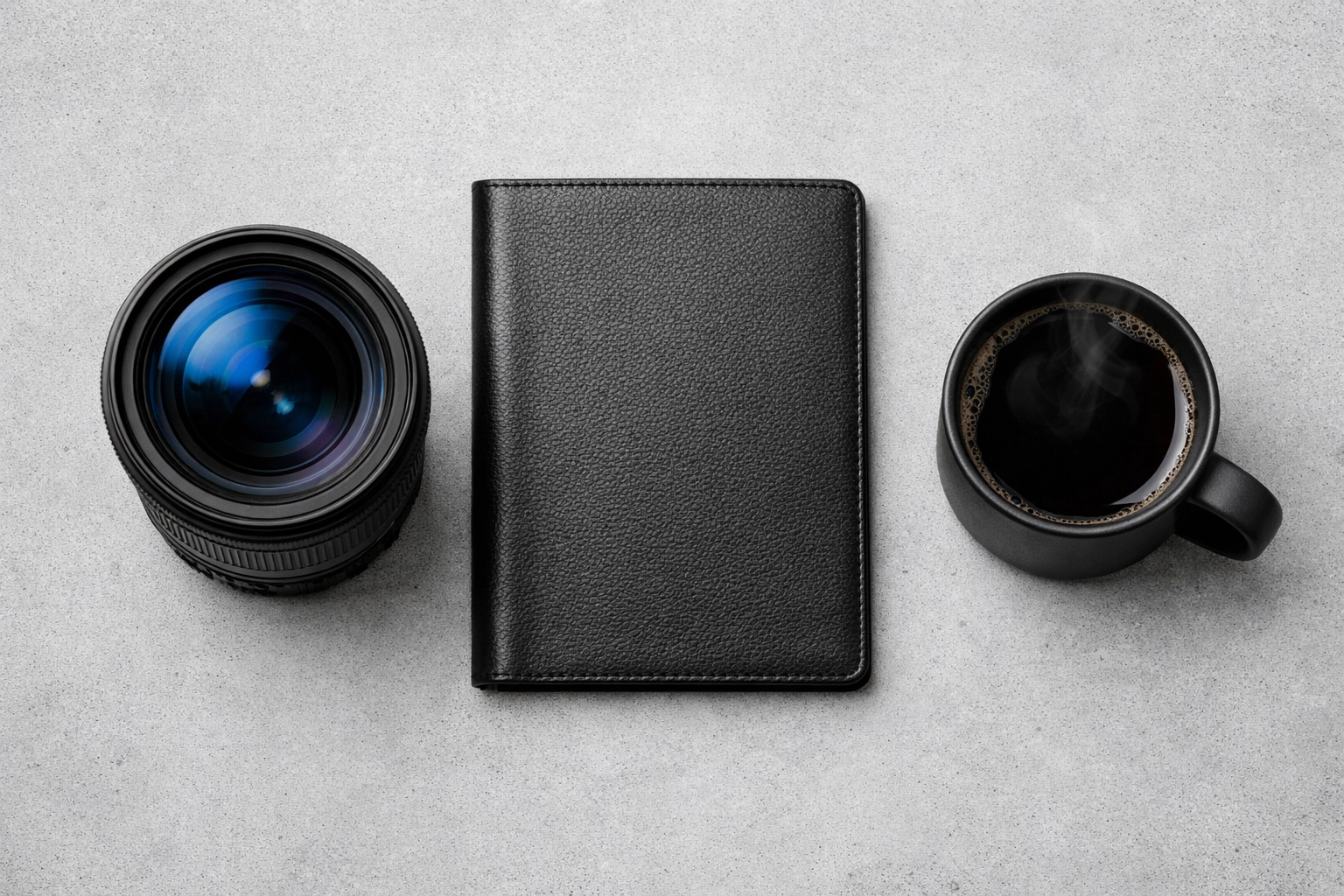 Minimalist photography workspace featuring a professional camera lens and coffee for a productive morning.