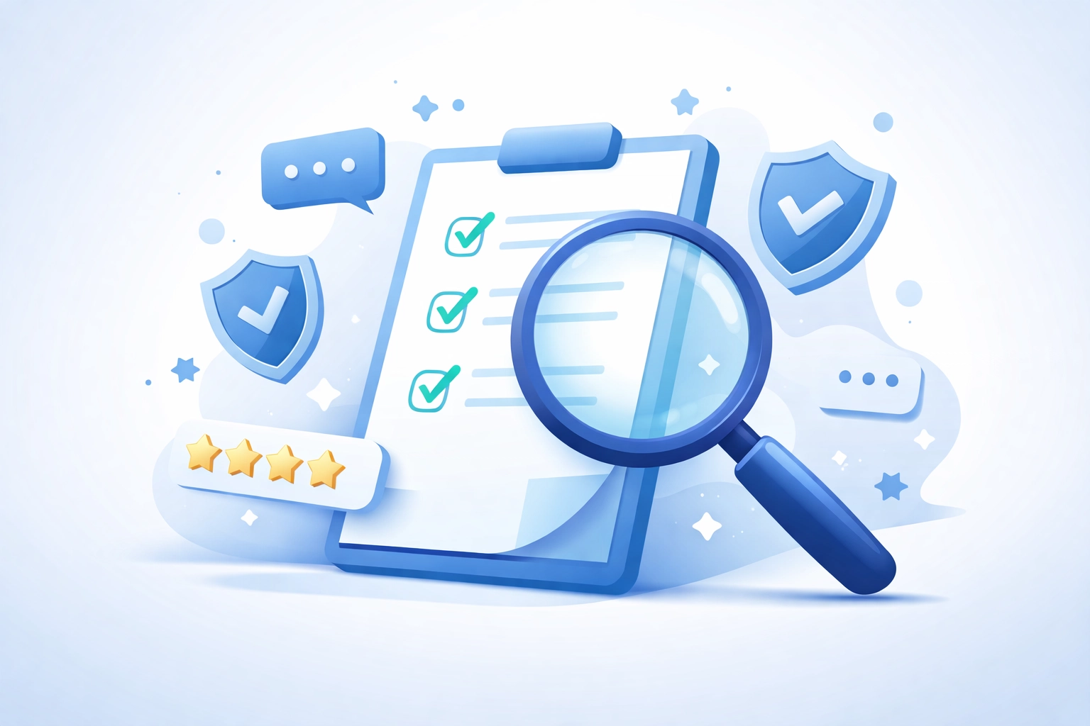 Magnifying glass examining a checklist, representing detailed verification when selecting an honest IT support provider.