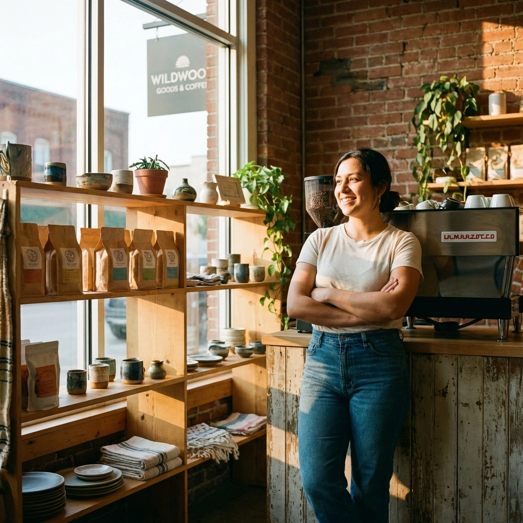Confident small business owner standing proudly among products, highlighting hands-on experience.