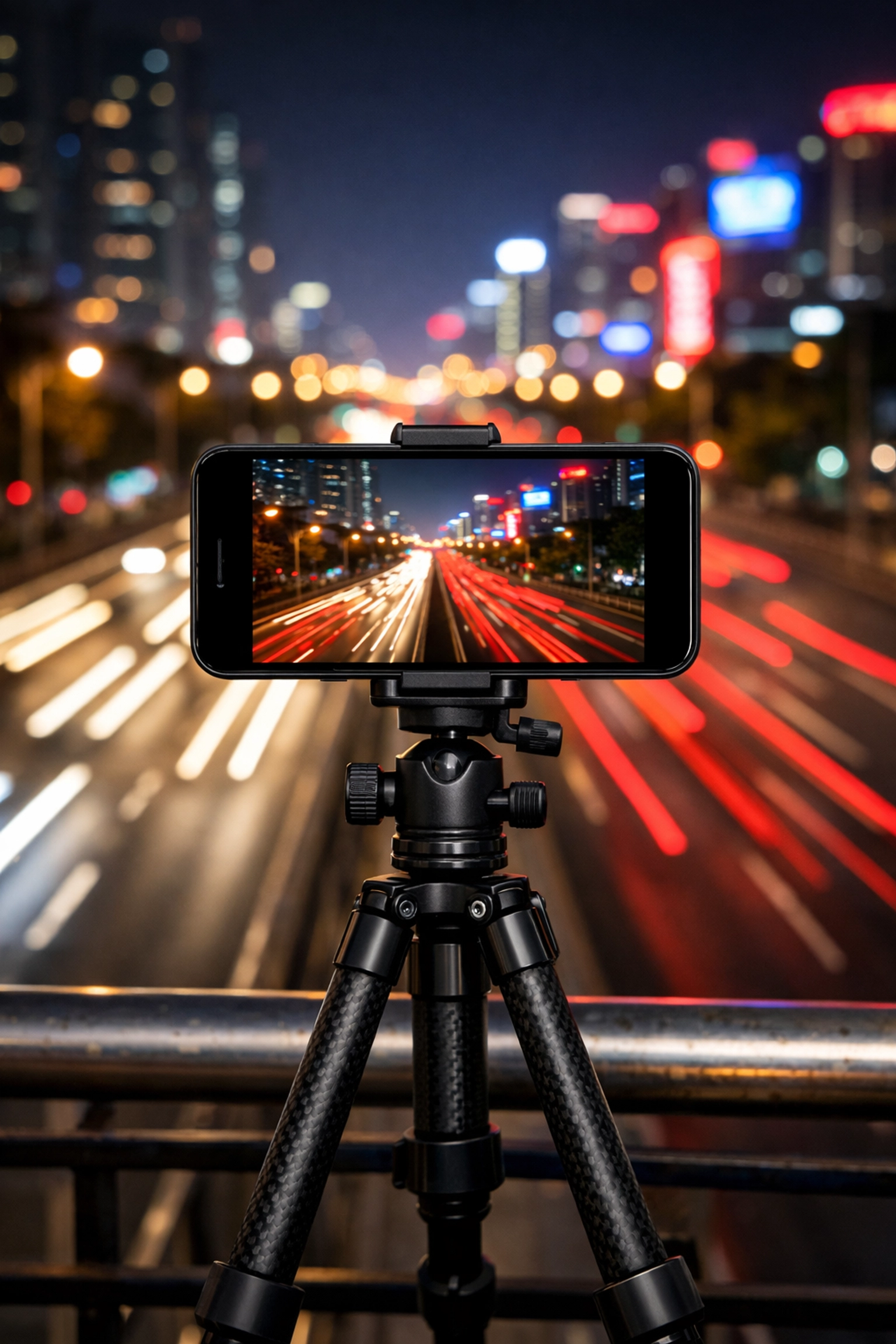Smartphone on a tripod capturing light trails at night at one of the best photography locations.