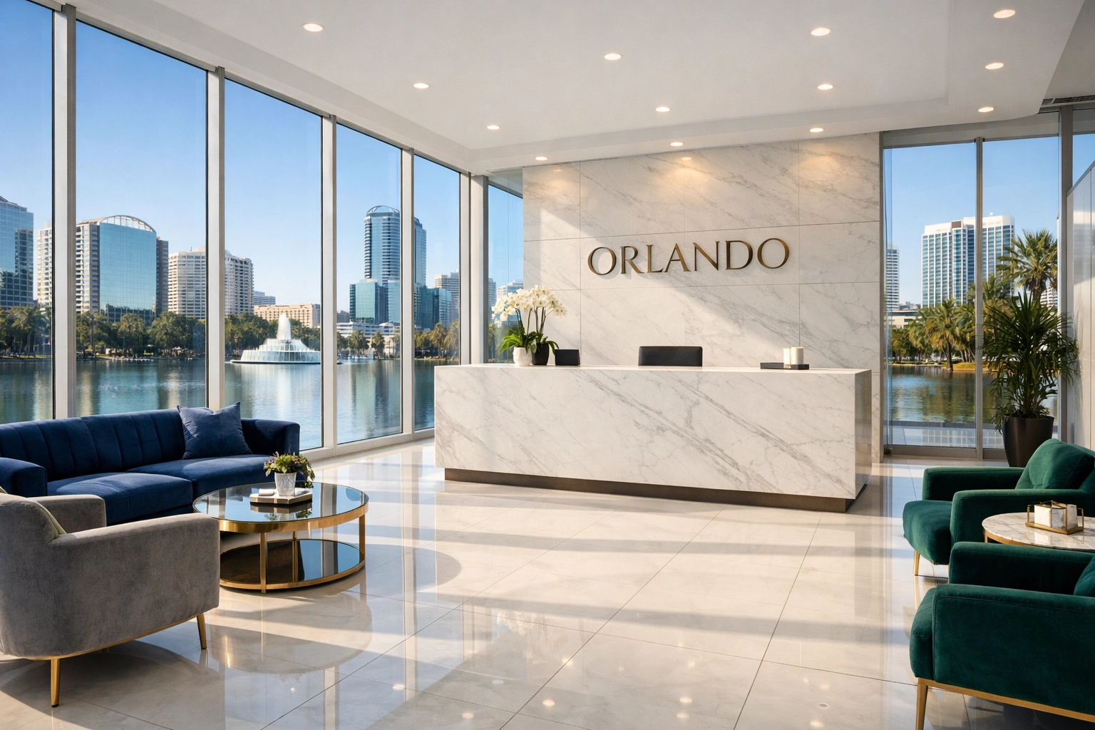 Pristine Orlando office reception with spotless glass and floors, guest-ready first impression