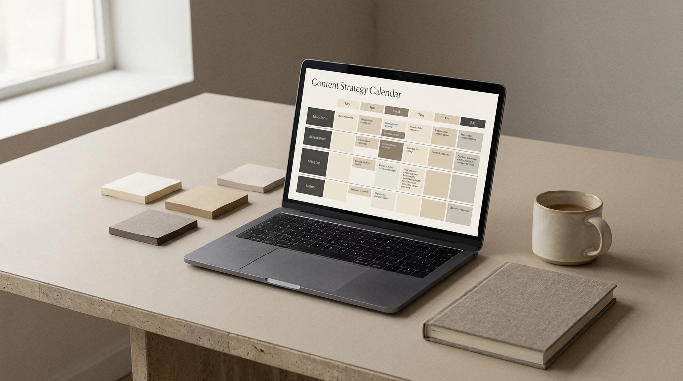 Laptop open with a content strategy calendar open on it to plan social media content