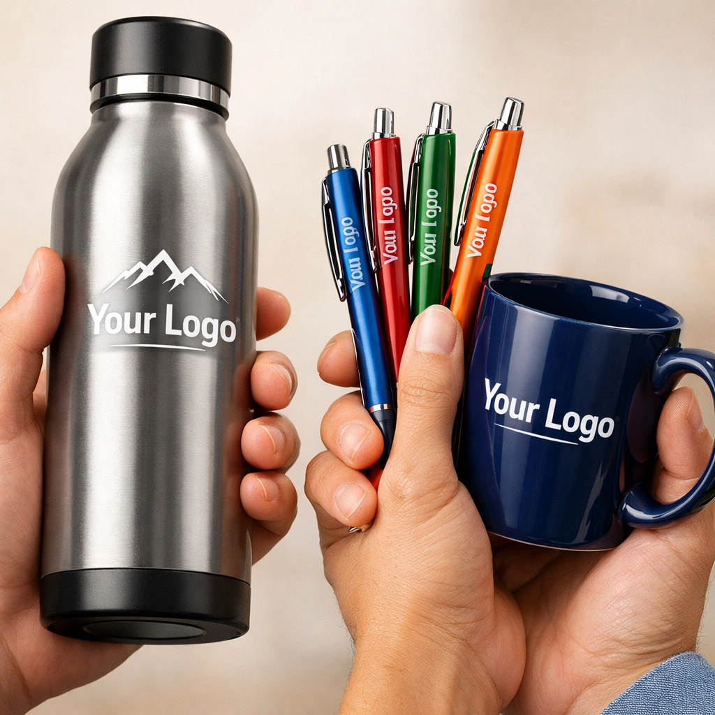 Popular promotional giveaway items including branded water bottle, pens, and coffee mug