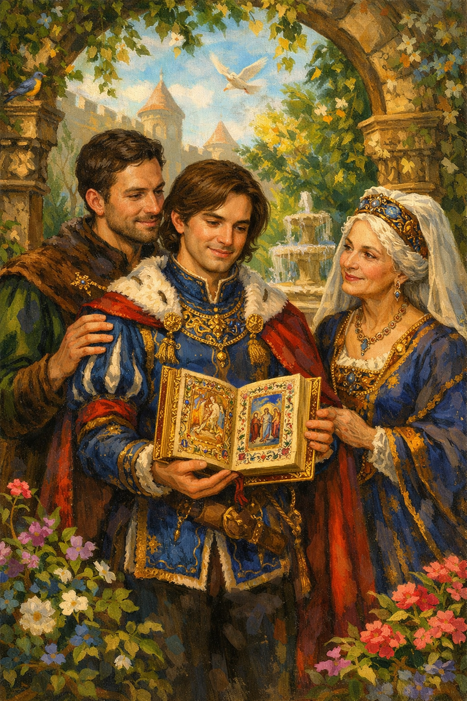 A gay medieval nobleman and his partner presenting a gift to his mother, symbolizing acceptance and pride.