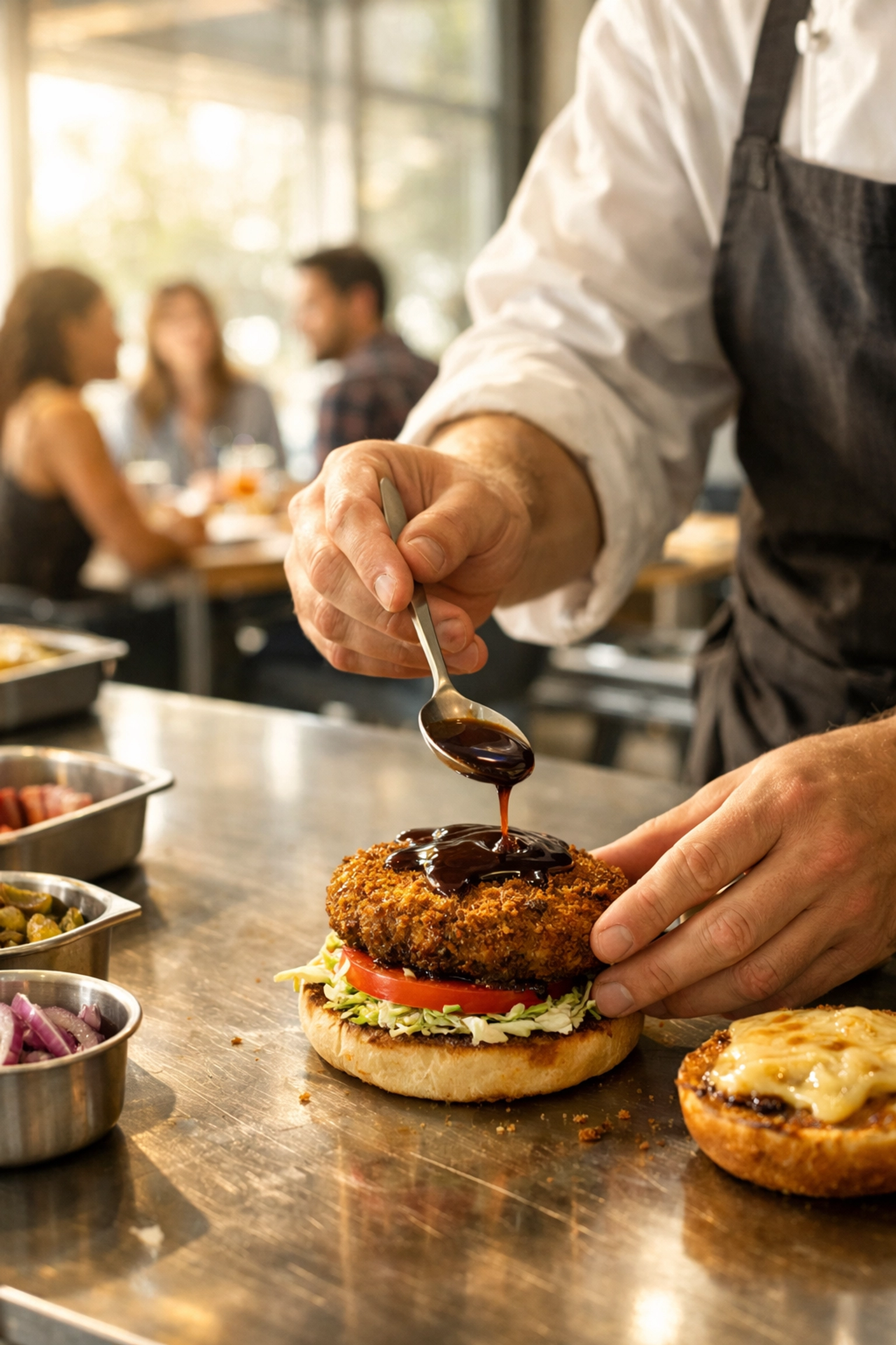 Chef preparing a Japanese fusion katsu burger in a Santa Clara restaurant for the local lunch crowd.