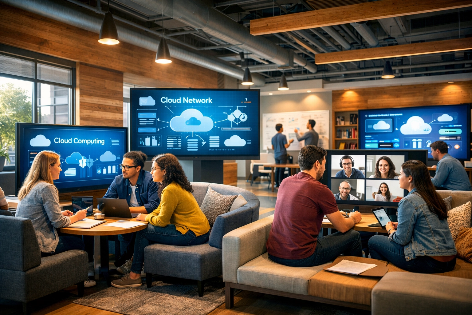Modern hybrid learning space combining physical collaboration with cloud computing digital training