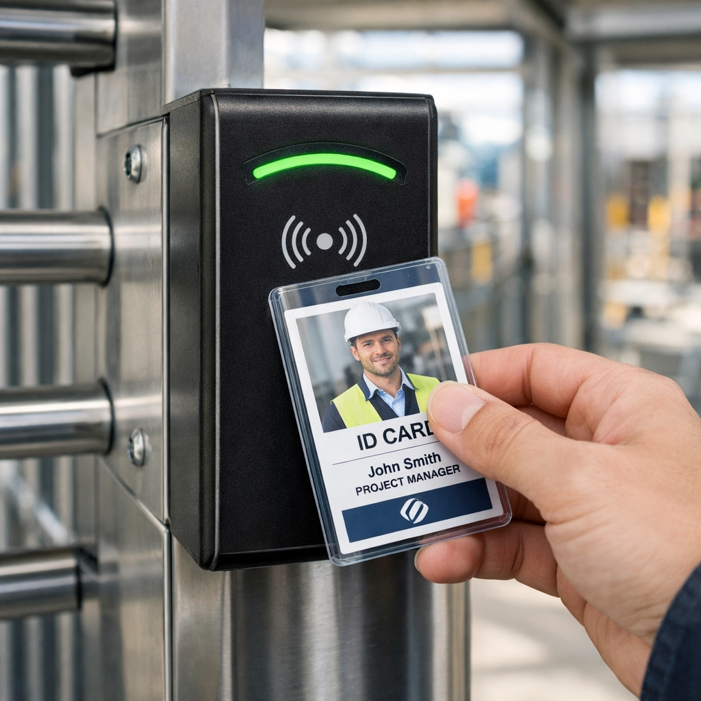 Worker using an electronic ID card reader at a construction site turnstile for secure access control.
