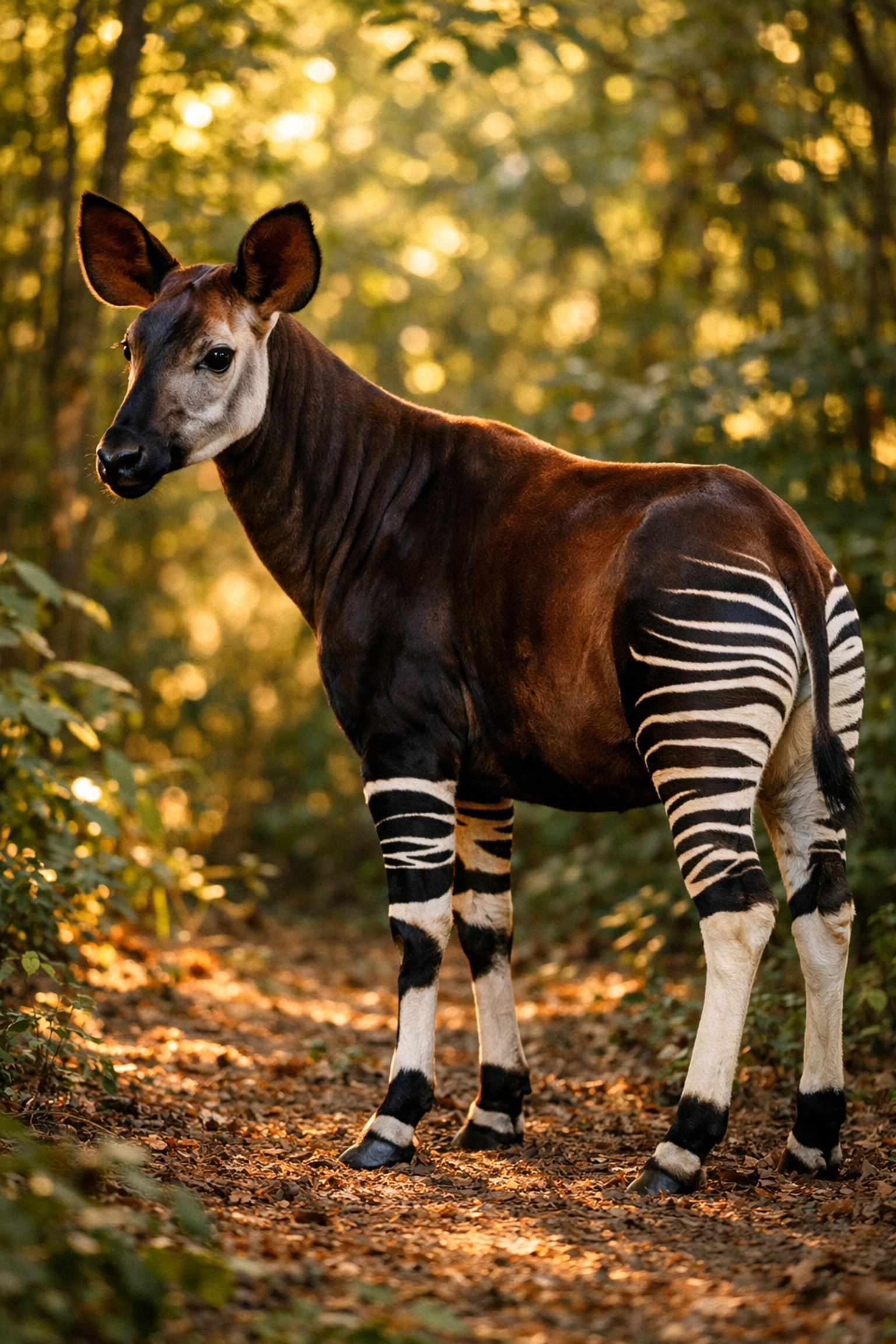 Okapi in natural forest habitat demonstrating lesser-known endangered species for conservation content