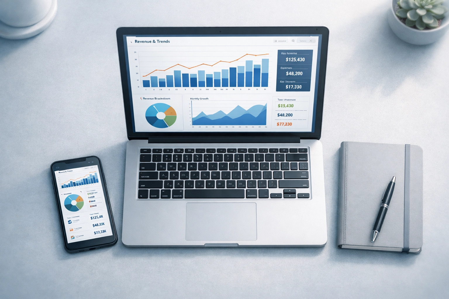 Modern bookkeeping software dashboard showing real-time financial data and reports
