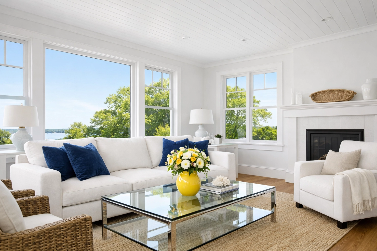 A bright, airy Massachusetts living room maintained with weekly summer cleaning tips for fresh air.