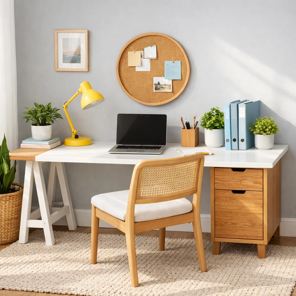 Neutral home office with gray walls and balanced color accents for productivity