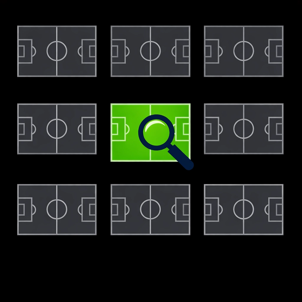 Grid of football pitches highlighting a specific match using real-time betting metrics.