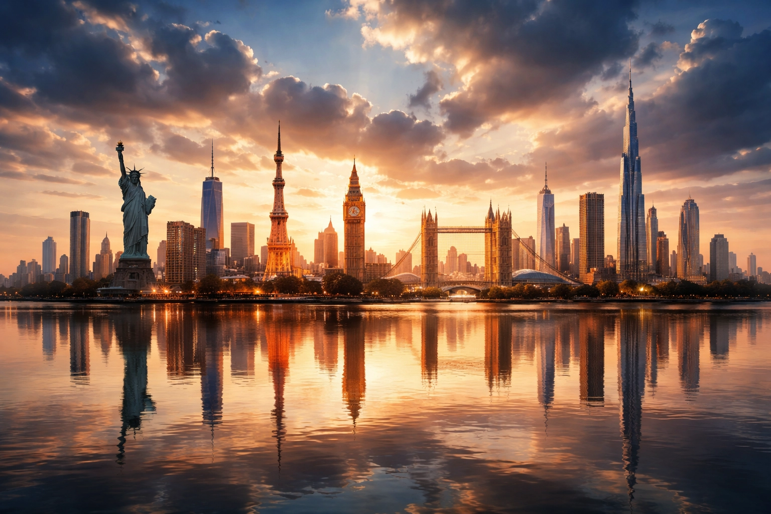 Iconic international city buildings merged at sunset reflect global portfolio diversification strategies.