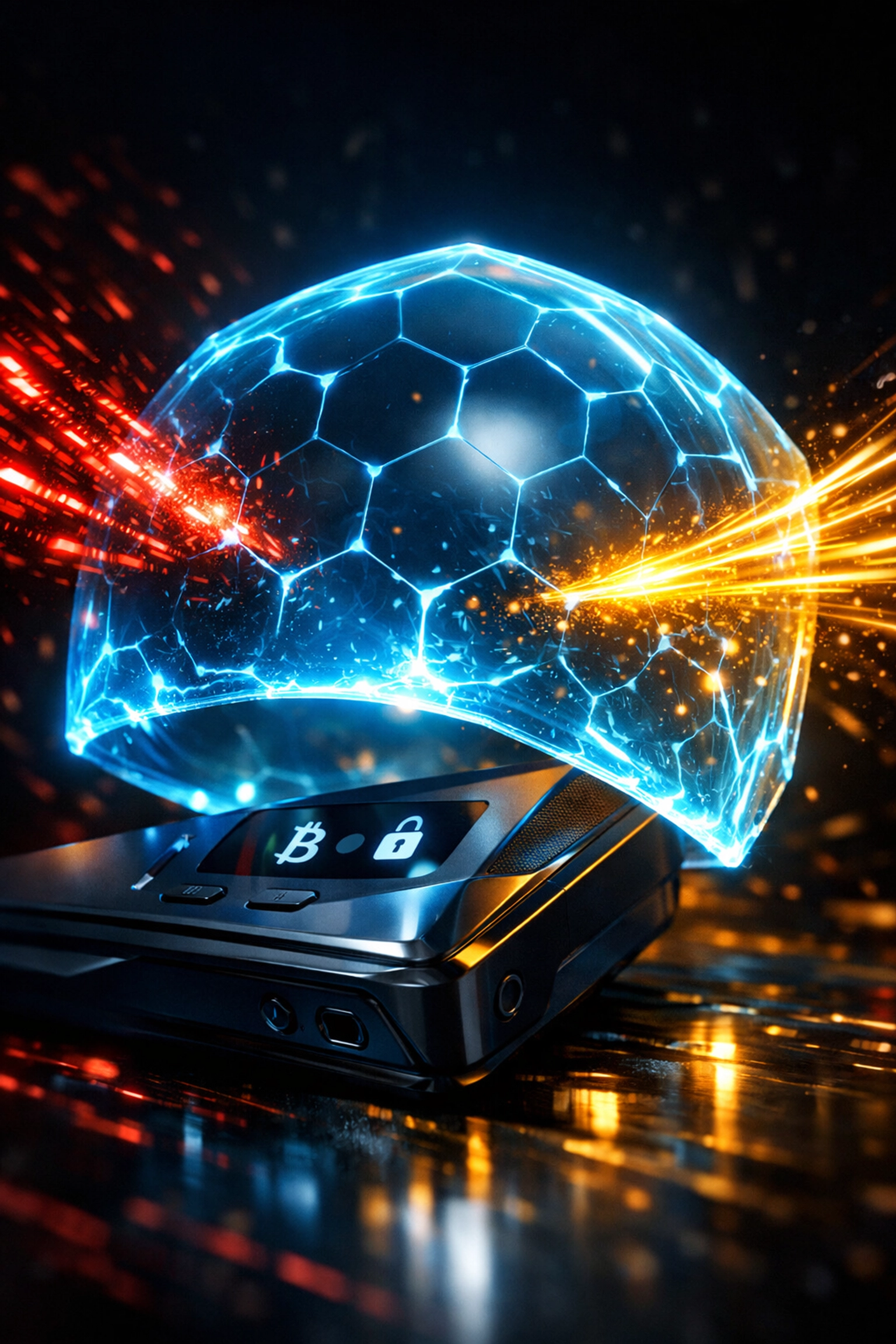 AI-driven security shield protecting a self-custody wallet from fraud in the Larecoin ecosystem.