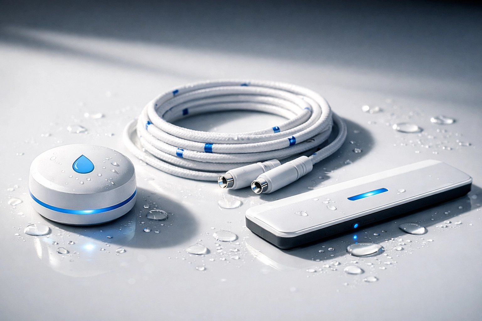 Three types of water leak sensors: spot detector, rope sensor, and floor-level sensor