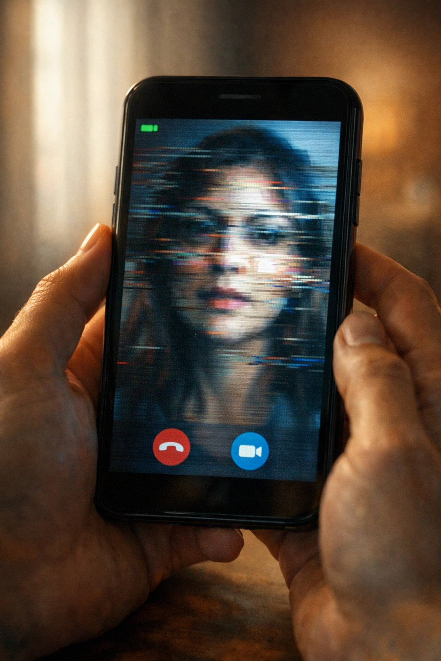 Smartphone displaying distorted video call demonstrating deepfake fraud detection challenge