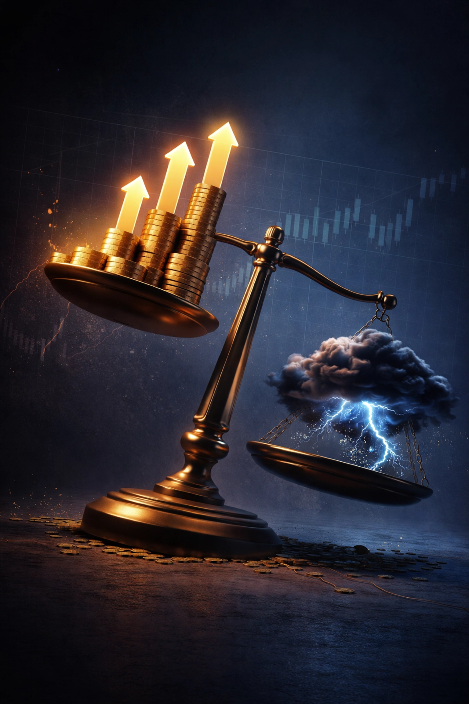 Illustration of a financial scale tipping toward downside risk, highlighting the importance of assessing losses in institutional investment portfolios.