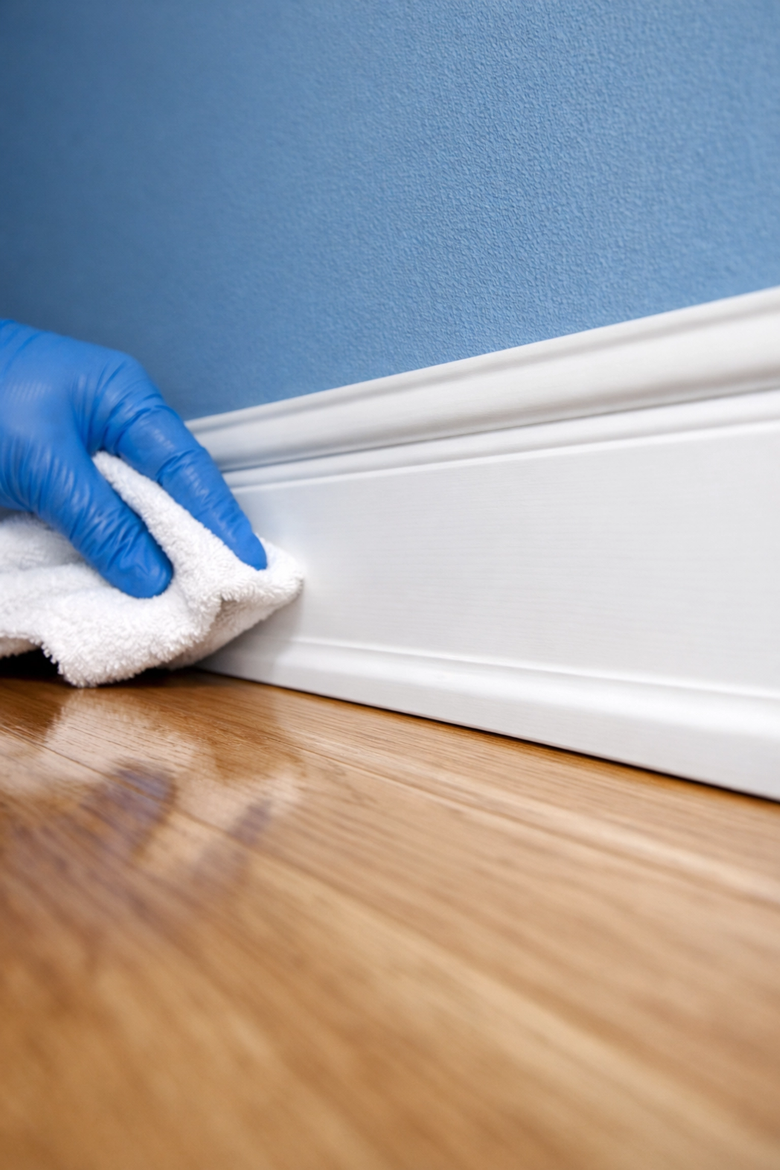 Detail of a spotless white baseboard and polished oak floor after professional deep cleaning in Massachusetts.