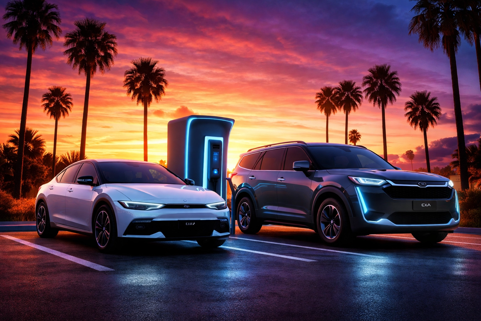 Kia EV6 and EV9 charging at sunset, highlighting Roseville Kia's electric vehicle options for Sacramento drivers