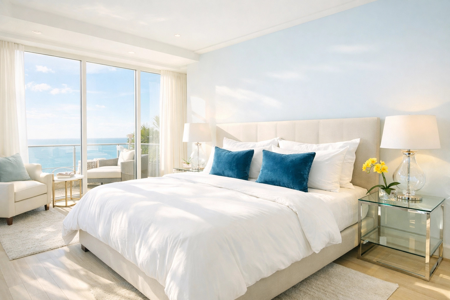 Clean, non-toxic luxury bedroom in Weston MA featuring fresh linens and eco-friendly cleaning.