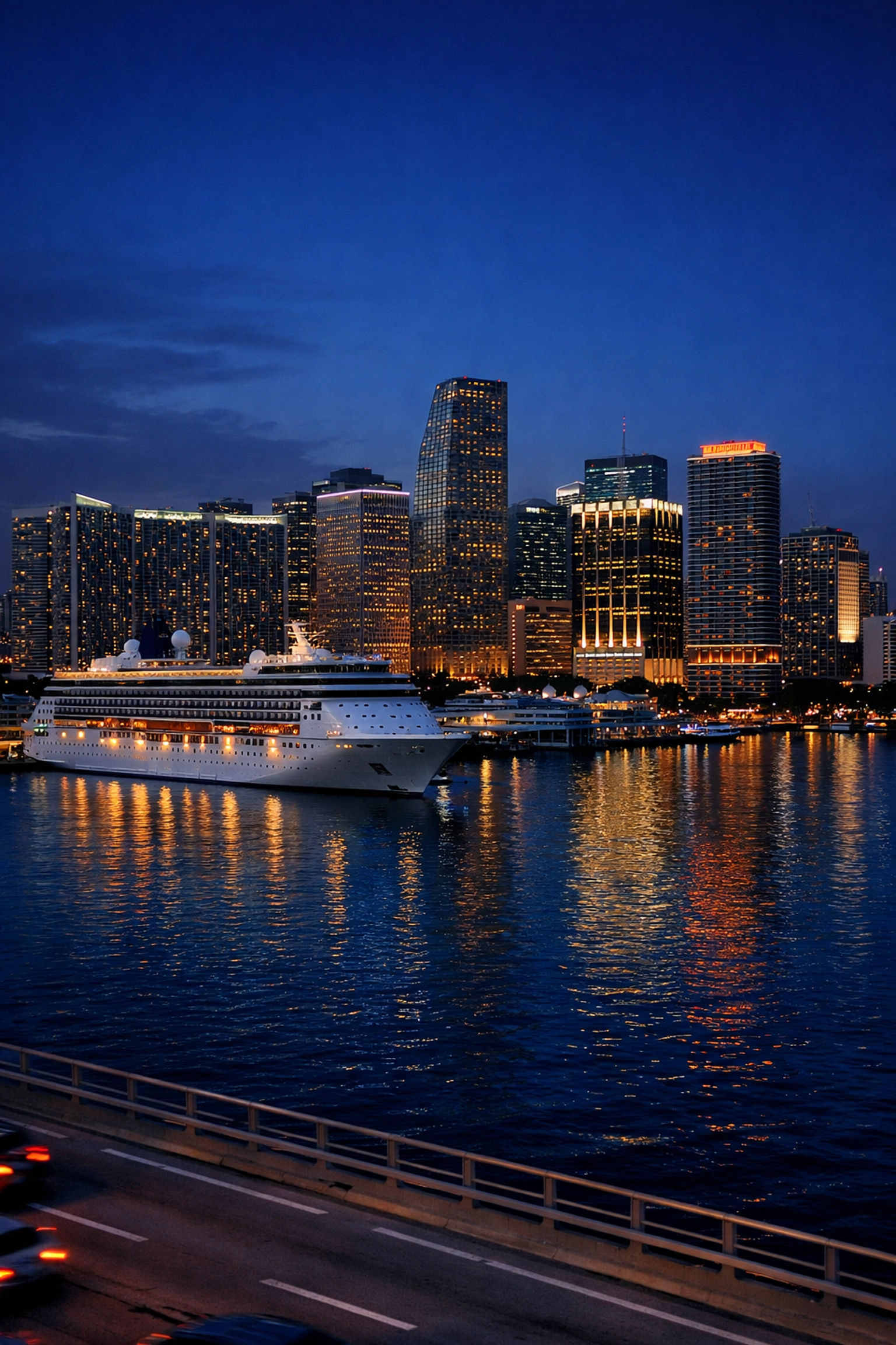 Downtown Miami skyline at sunset from the MacArthur Causeway, one of the best Miami photography locations.