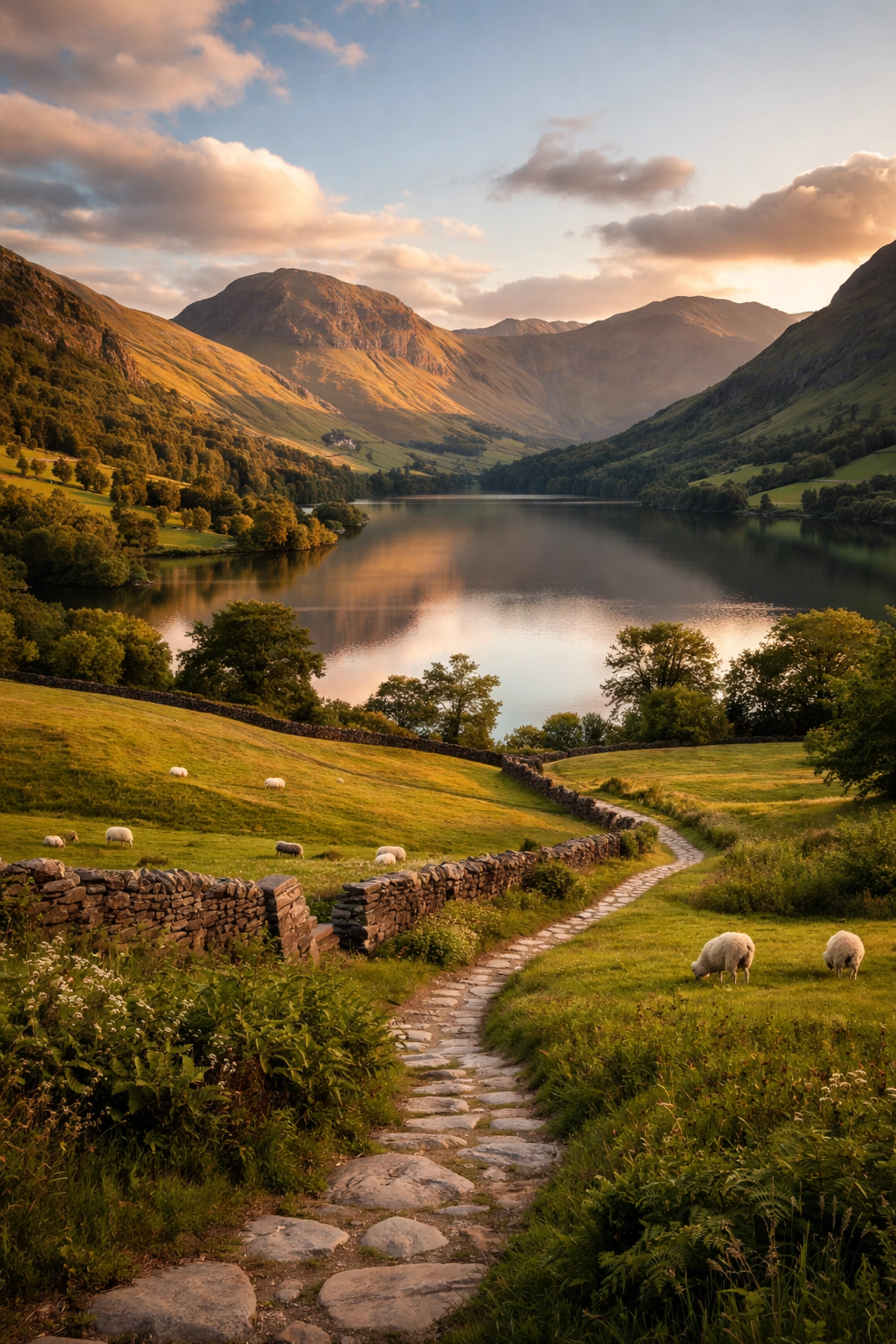 Serene Lake District landscape at golden hour, with fells and meadows along a hiking path.