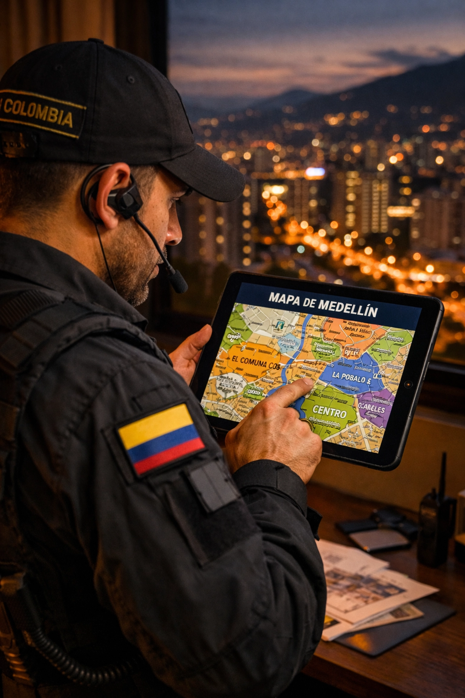 Security professional analyzing Medellin neighborhood map for local intelligence gathering