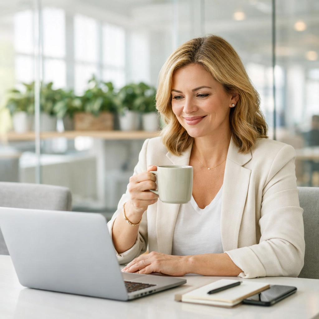 A confident startup founder reviewing accurate financial reports on a laptop in a bright, modern office.