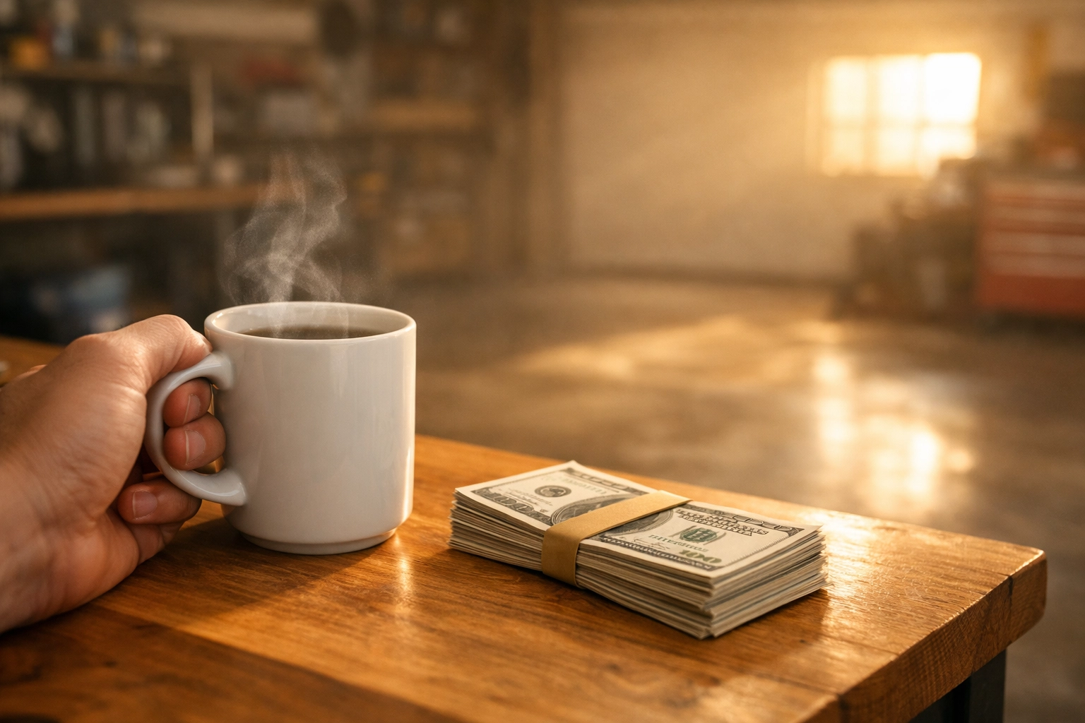 A peaceful Sunday morning garage scene with a stack of cash and coffee after selling a junk motorcycle.
