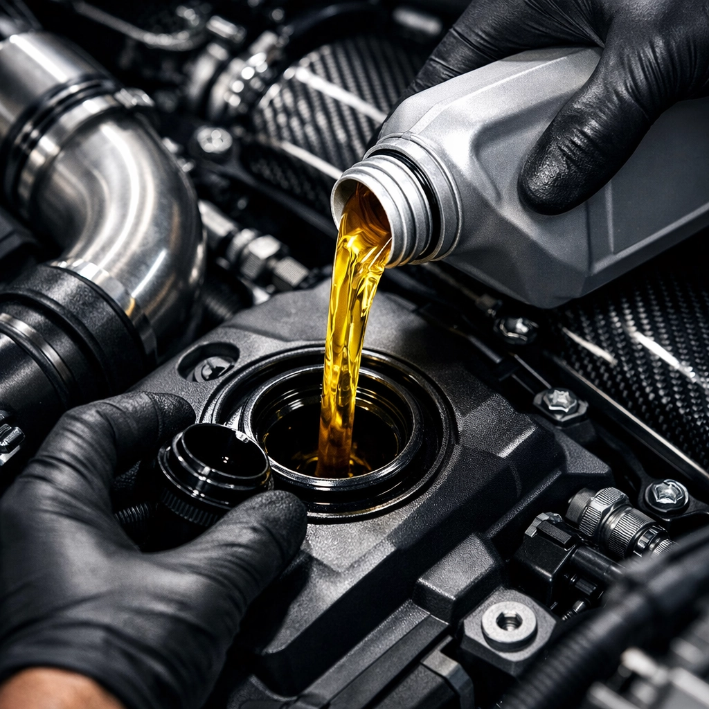 Expert mobile technician performing an oil change as part of a professional auto maintenance plan.