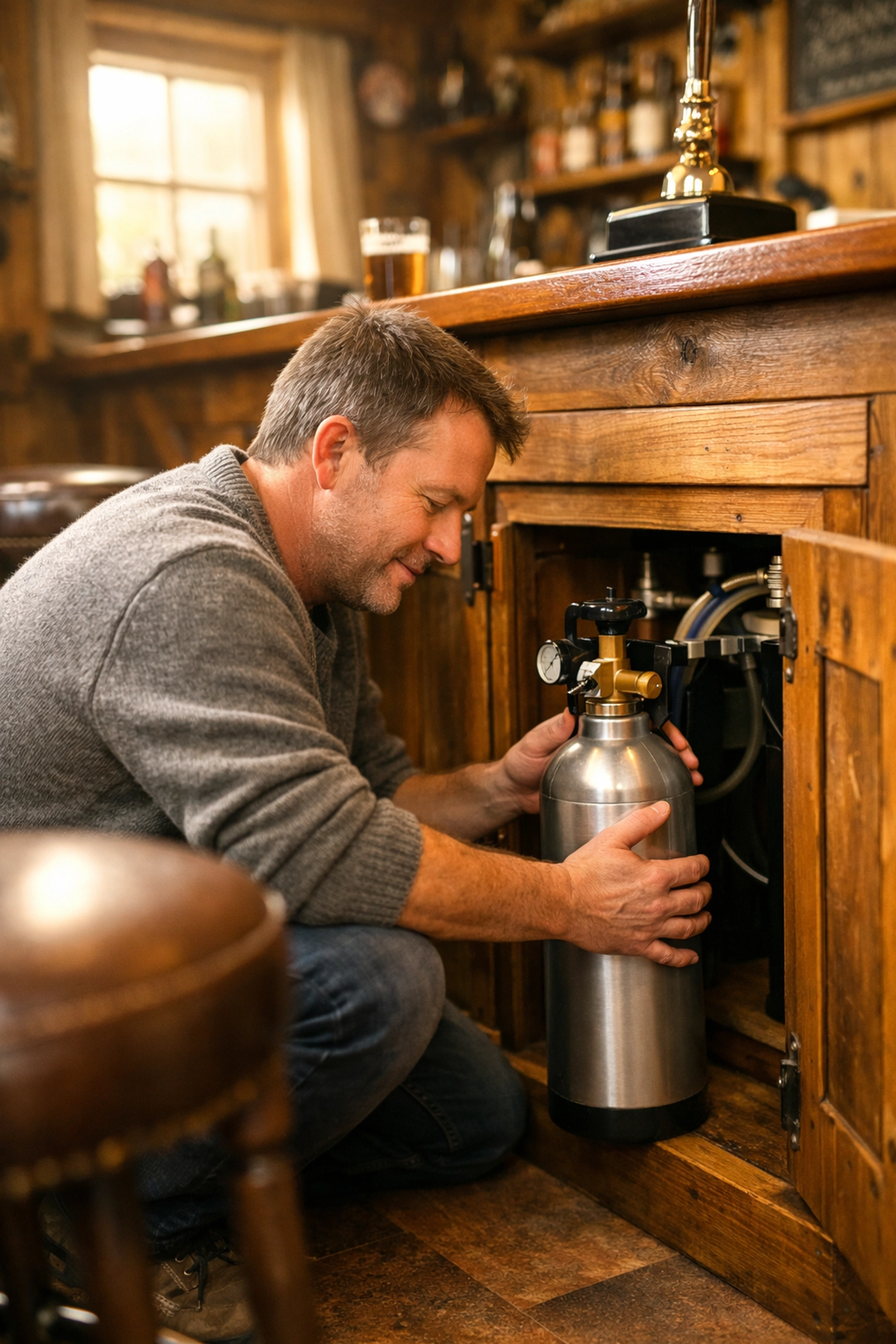 A man installs a 6kg CO2 cylinder under a rustic home bar counter in a garden shed pub.