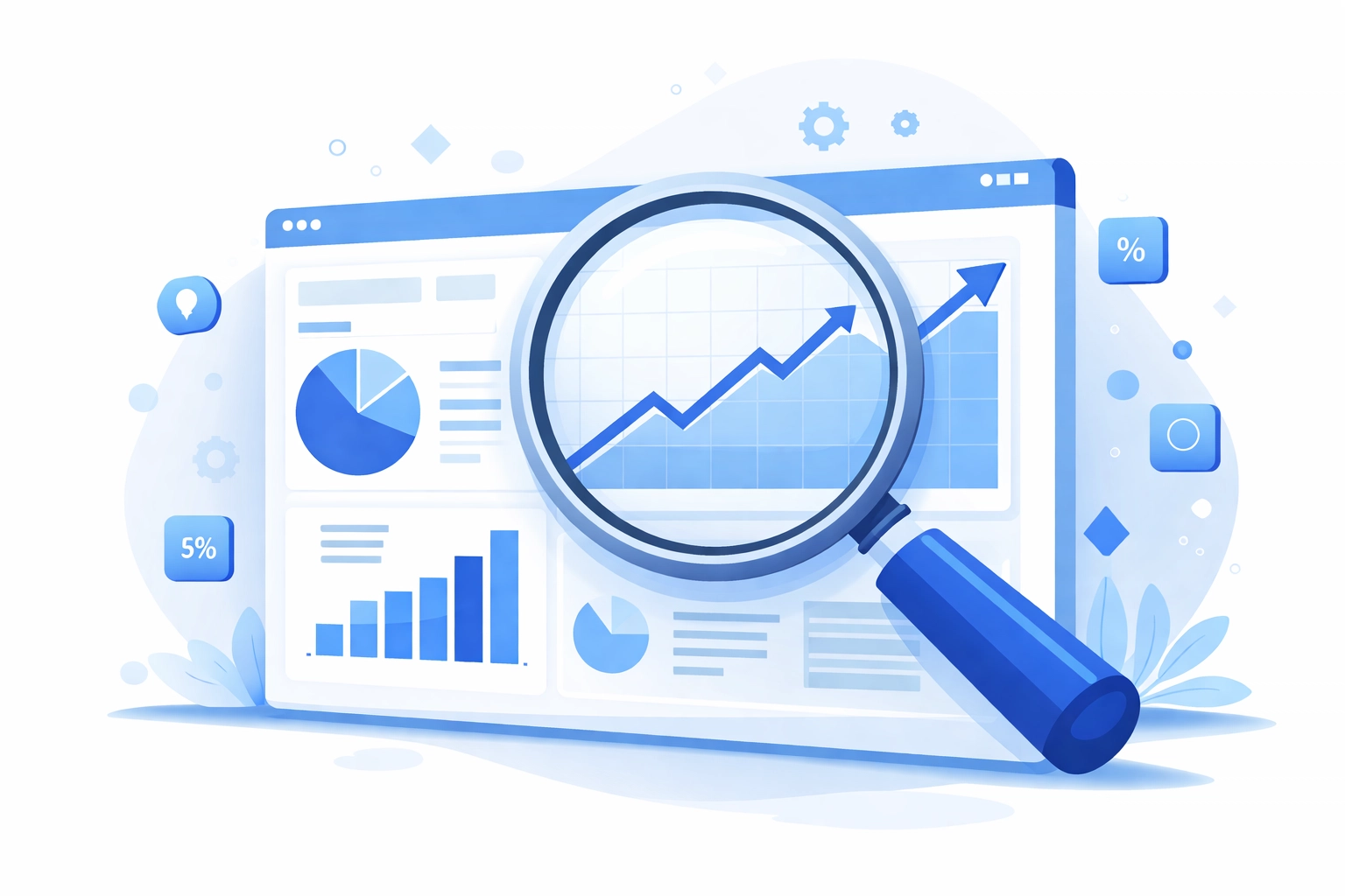Vector image of a magnifying glass analyzing web analytics dashboards, representing key website performance metrics