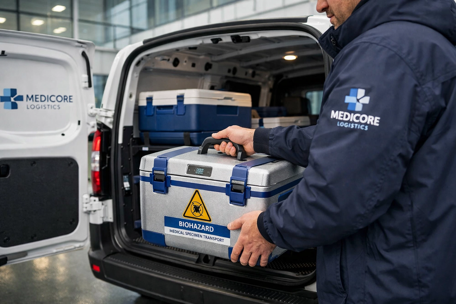 RCS medical courier service professional loading a secure specimen transport cooler at a laboratory.