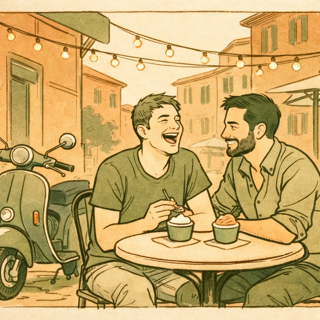 MM couple enjoying gelato at outdoor café in Trastevere, Rome at dusk