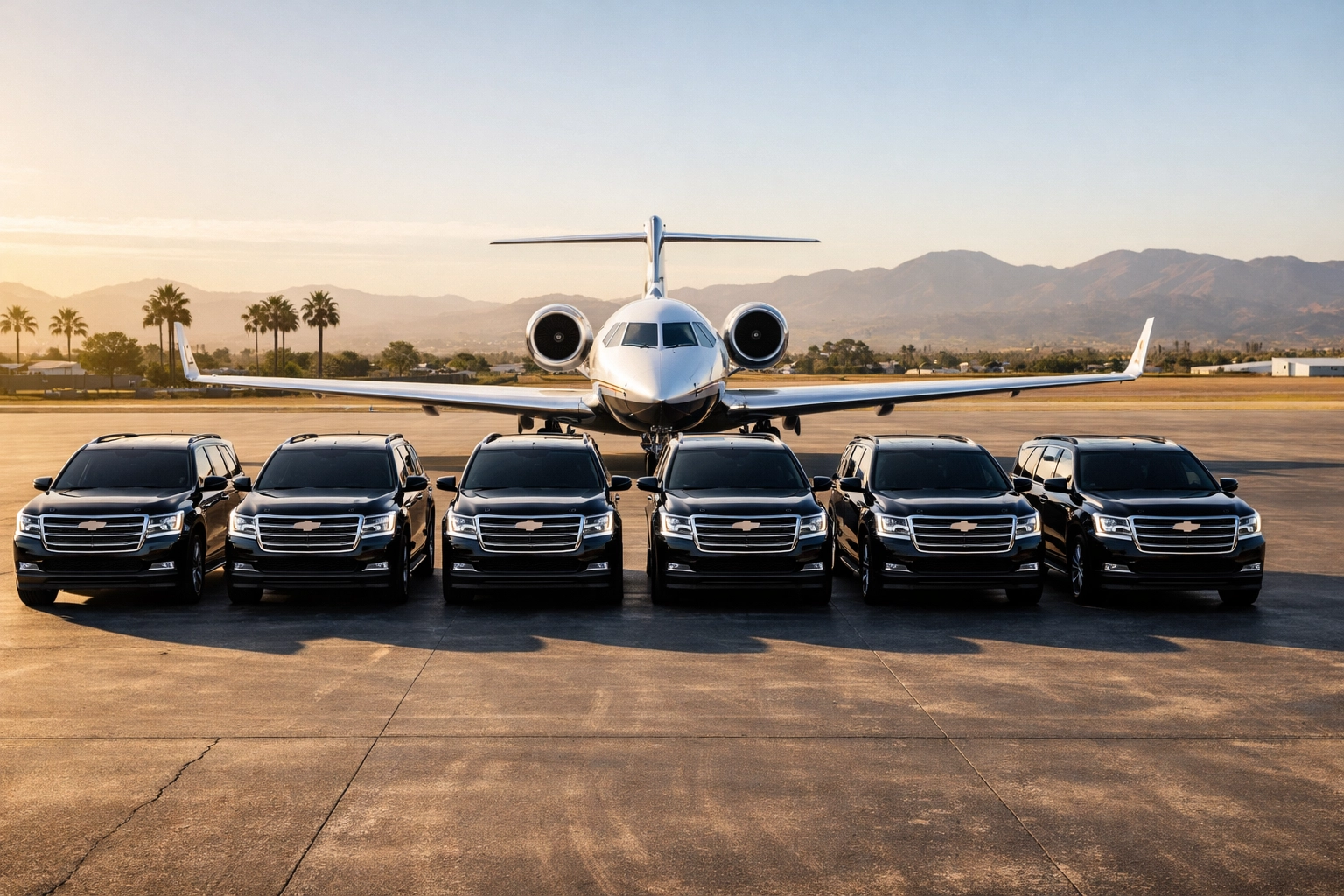 Luxury executive SUVs and a private jet prepared for high-stakes corporate travel logistics.