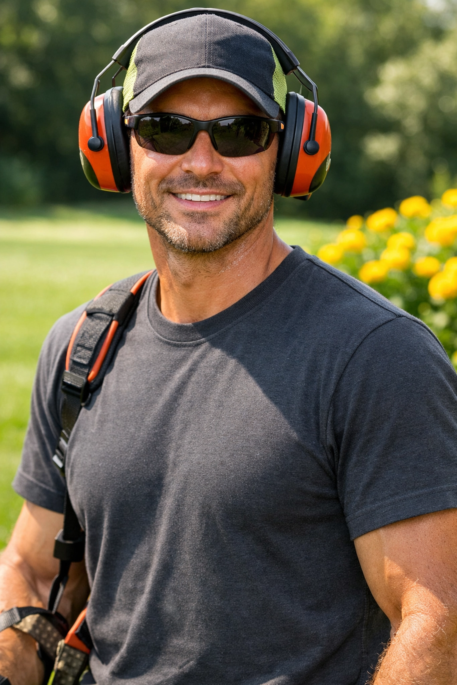 Professional landscaper in a charcoal custom t shirt working in a sunny garden to build brand trust.