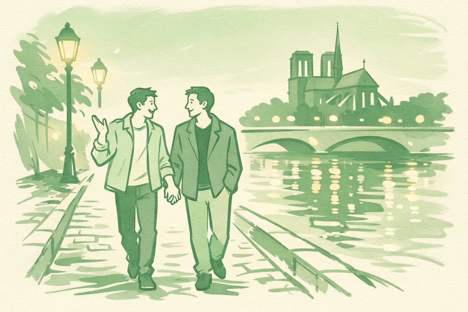 Gay couple walking hand-in-hand along the Seine River in Paris at night