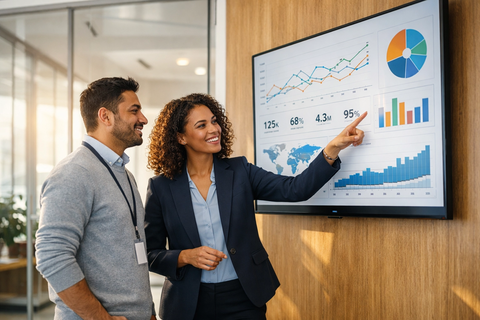 IT professionals analyzing ServiceNow ITOM and ITAM data visualizations for operational visibility in a modern office.