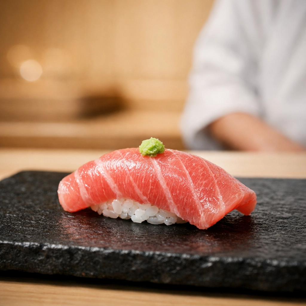 Close-up of premium Otoro sushi at a Ginza restaurant, a top photography location for Japanese food in Tokyo.