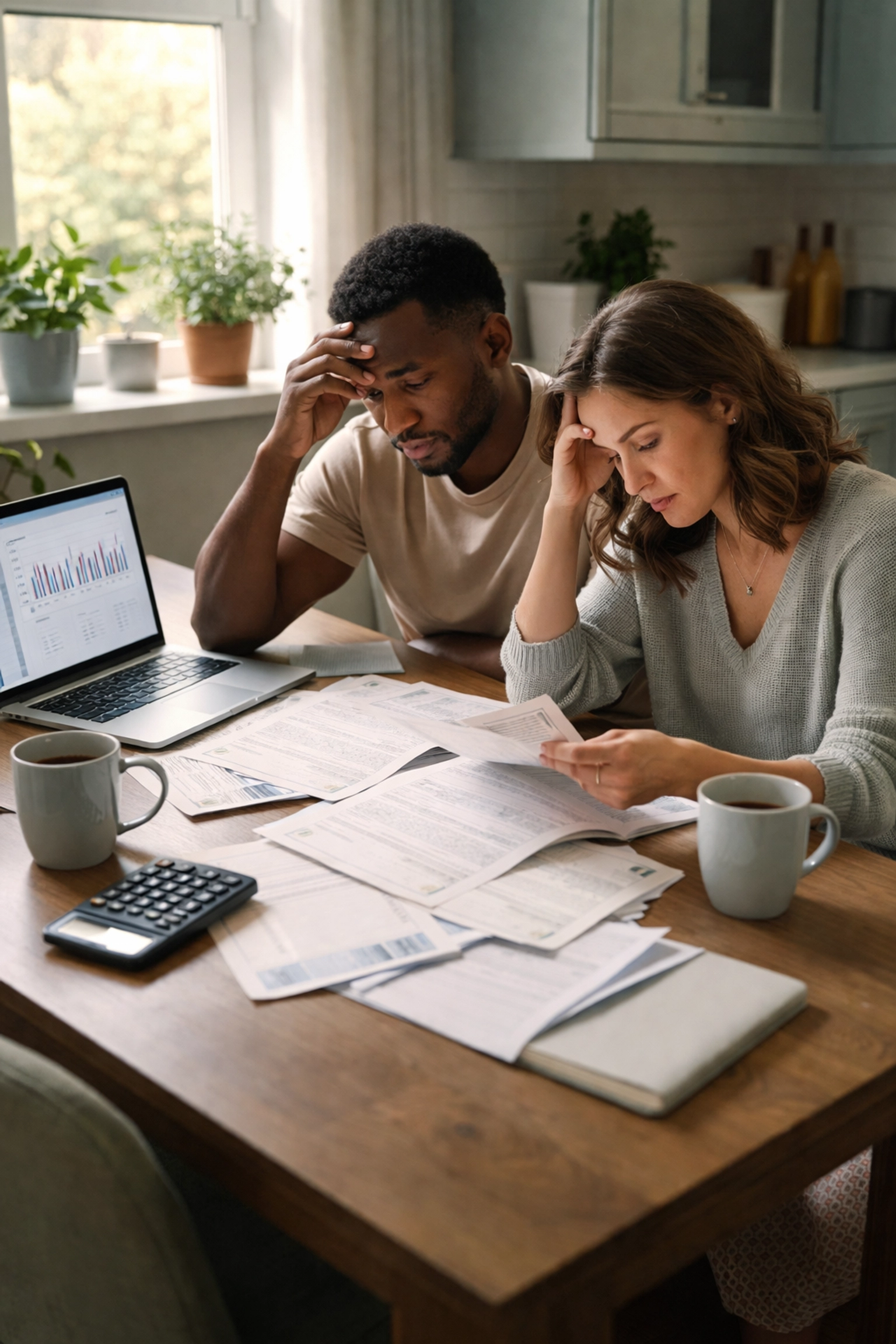 Couple stressed reviewing finances at kitchen table despite earning six figures