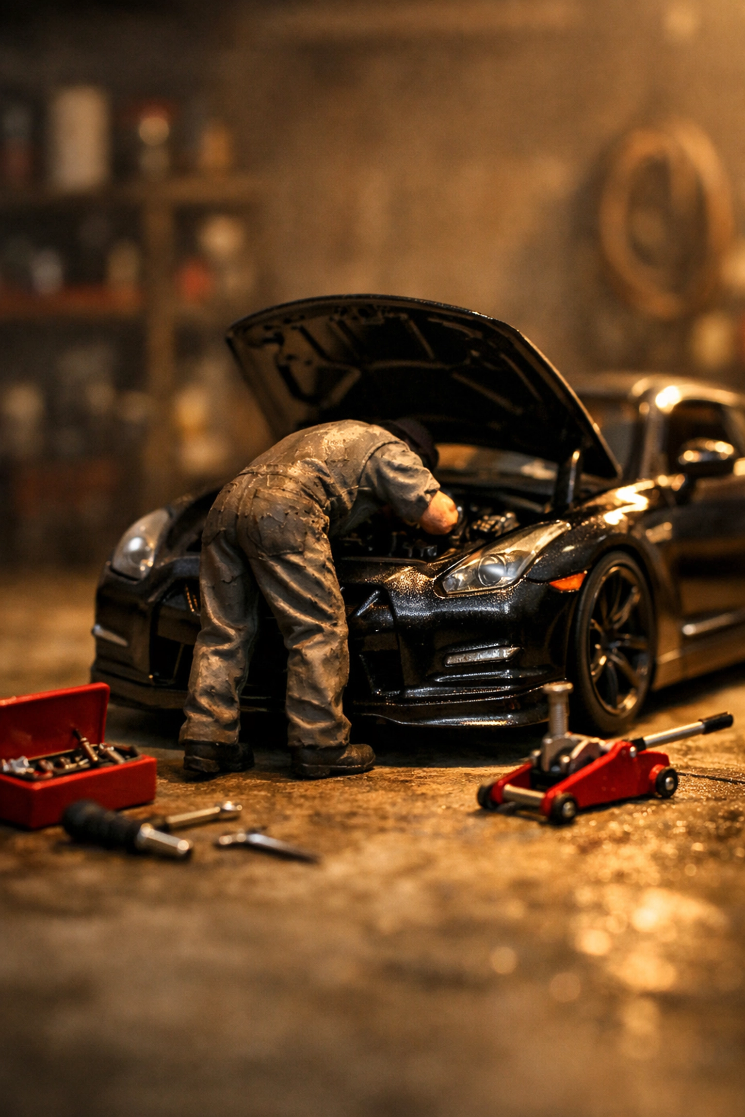 1:64 scale mechanic figure working on a diecast car engine in a realistic garage diorama.