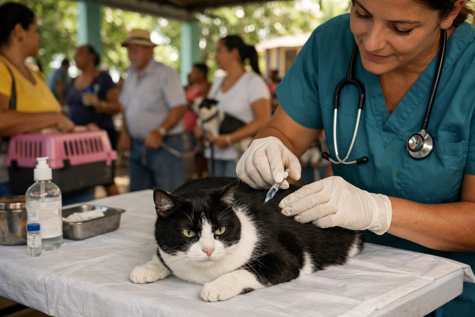 Veterinarian giving free cat vaccinations at a mobile spay neuter clinic in an underserved community.