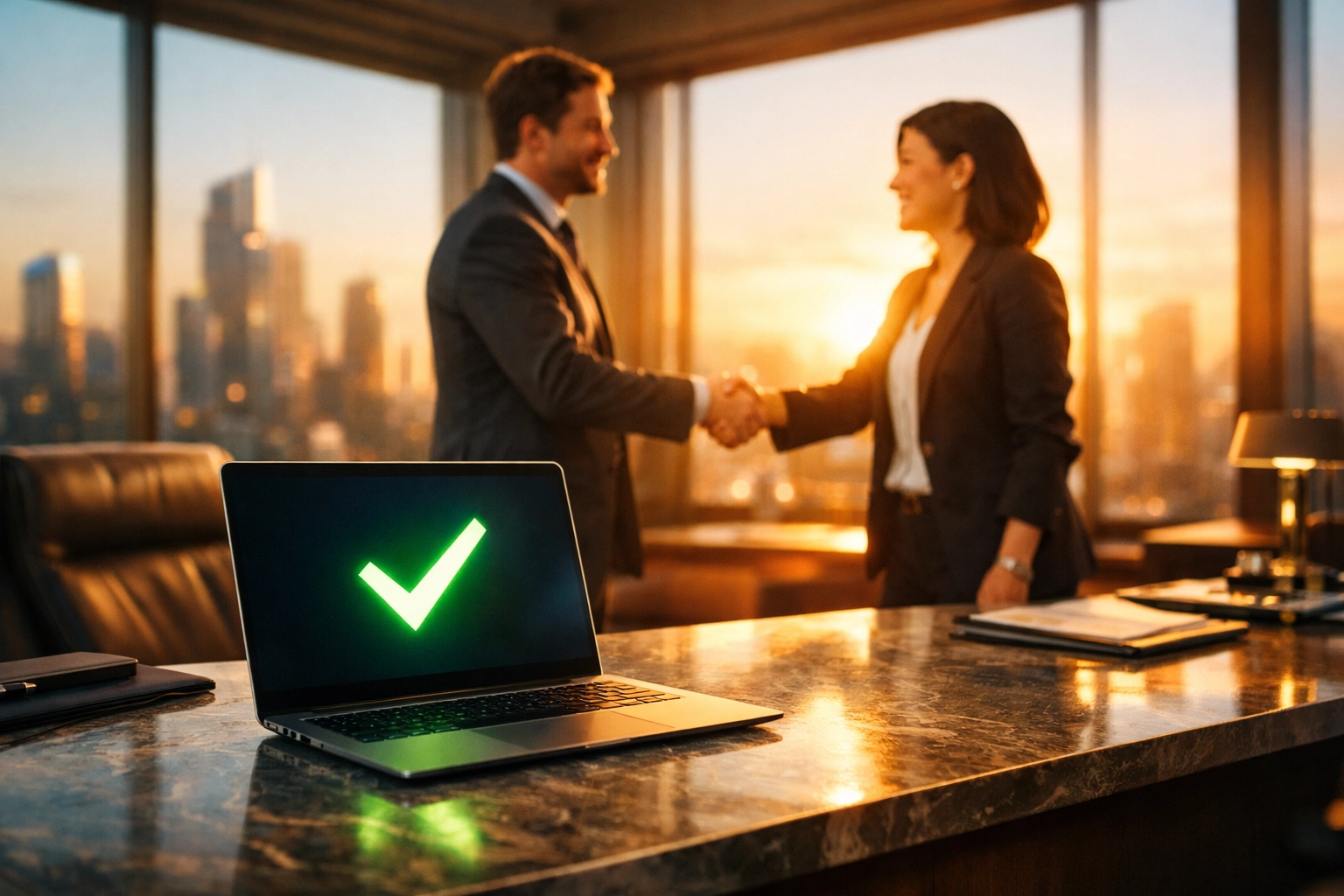 Professionals shaking hands in a modern office symbolizing successful lead nurturing and automated deal closure.