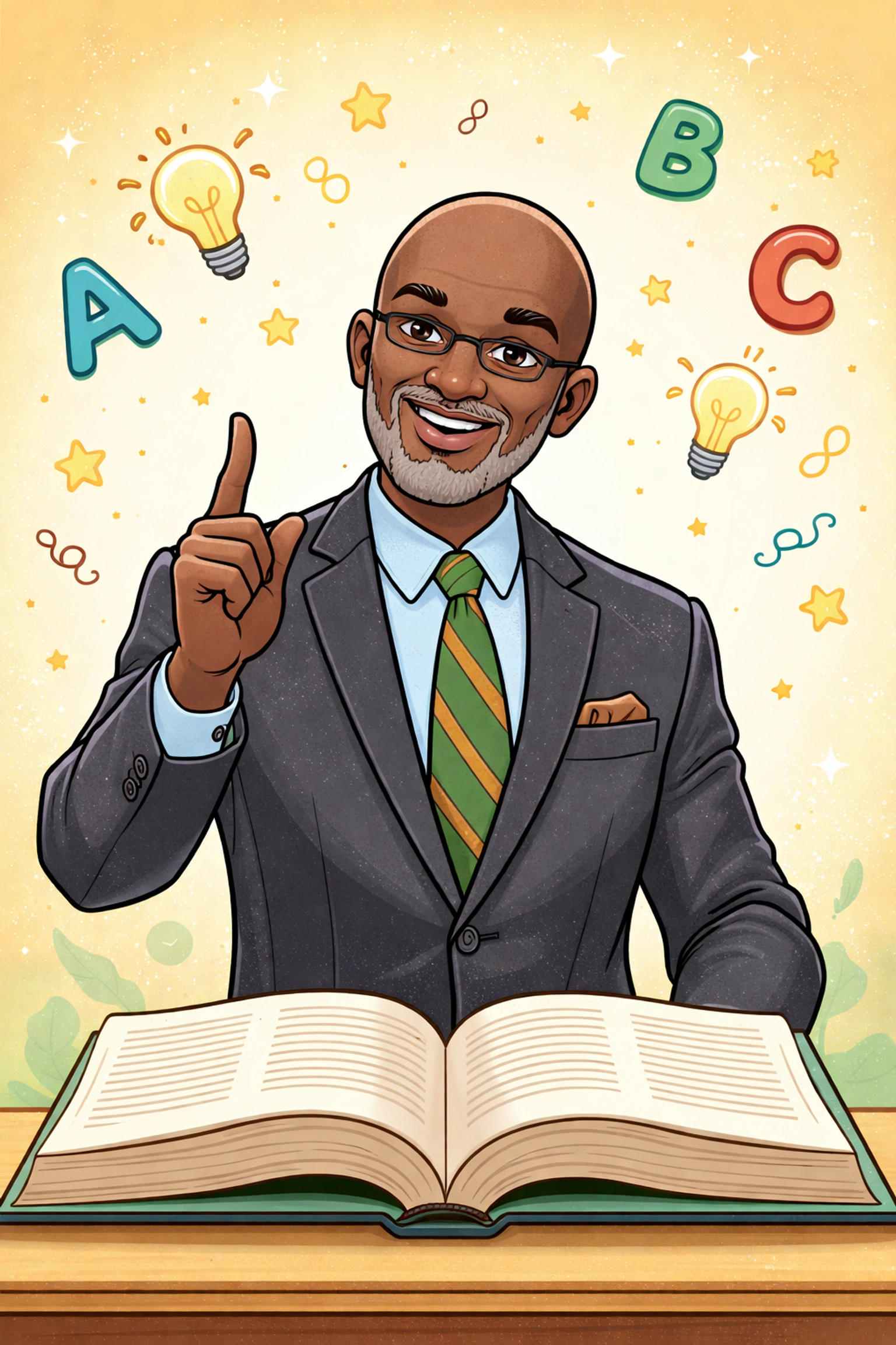 Comic illustration of Professor Antonio in a suit teaching vocabulary, representing CRC’s focus on erudition and boys reading confidence.