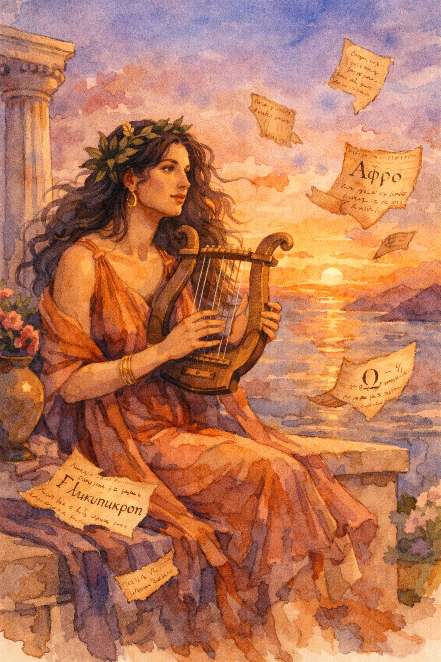 Sappho, ancient Greek lesbian poet, with lyre and floating papyrus fragments of lost poetry
