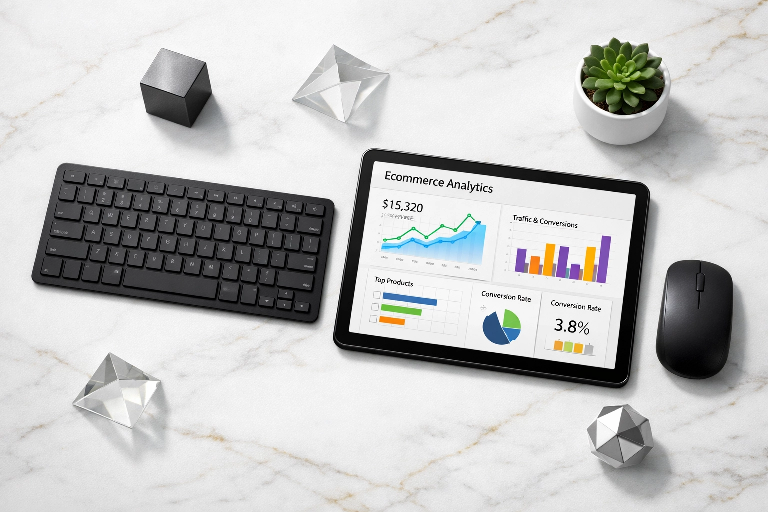 Modern workspace with tablet showing ecommerce store analytics and metrics by Simon Leung