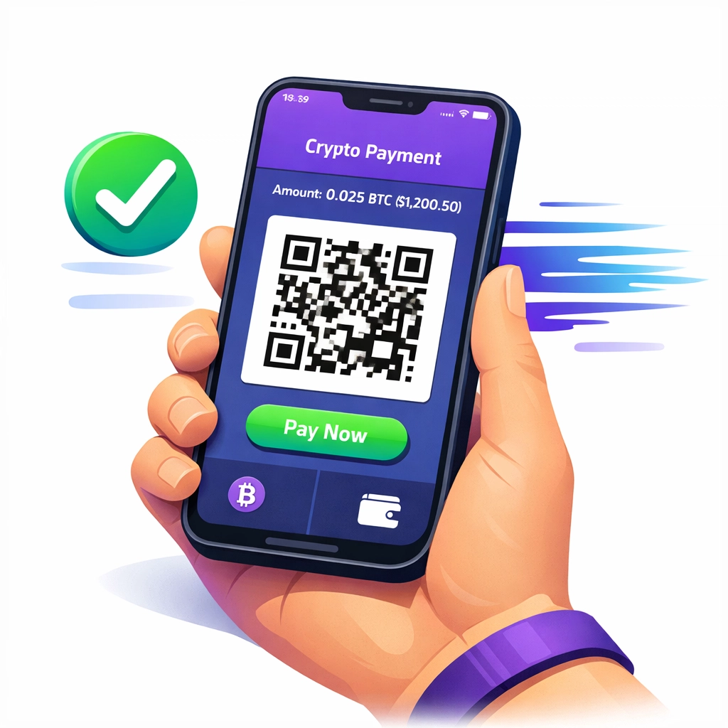 Crypto payment checkout with QR code showing instant confirmation for frictionless transactions
