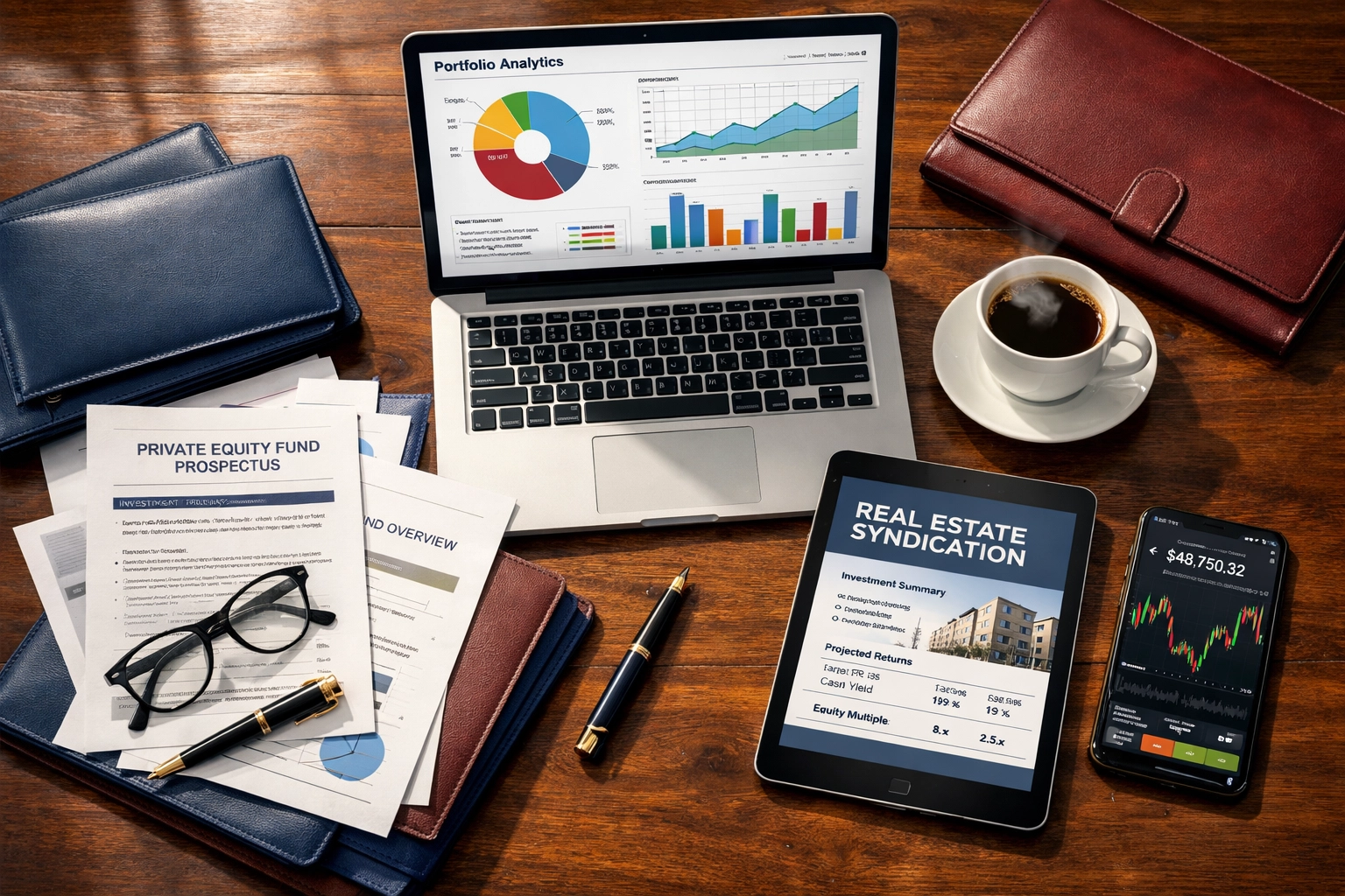 Institutional investor workspace with portfolio analytics, private equity documents, and crypto charts