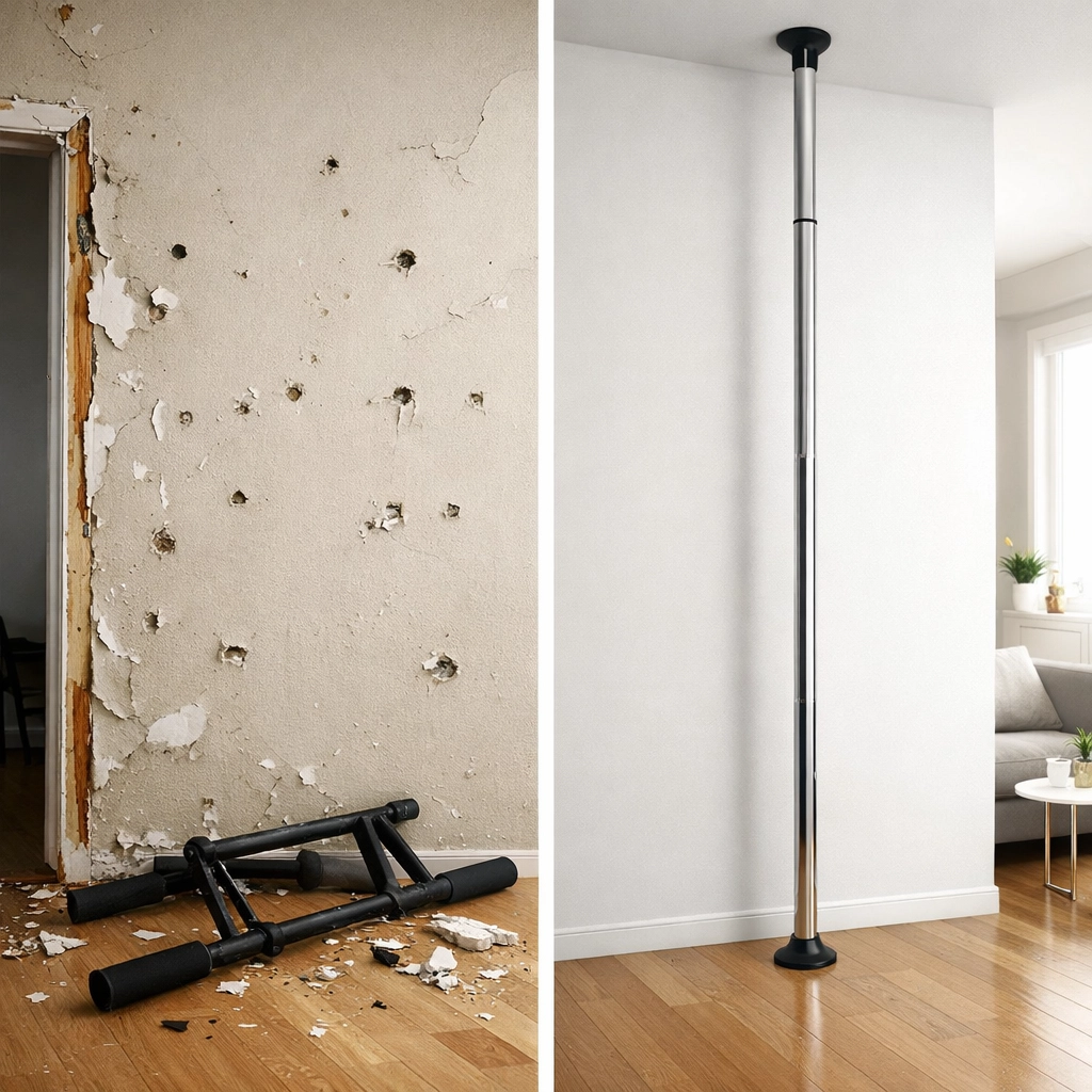 Wall damage from traditional pull-up bars versus no-drill floor-to-ceiling home gym system