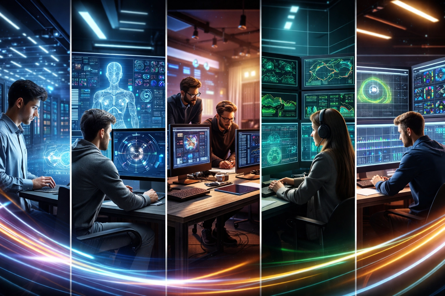 Five career pathways including cloud, AI, game dev, cybersecurity, and analytics shown in a modern tech environment.